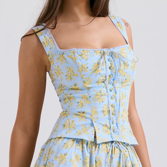 House of CB Juana Soft Blue Vintage Floral Print Cotton Corset Top 🤍 - Picture 1 of 10